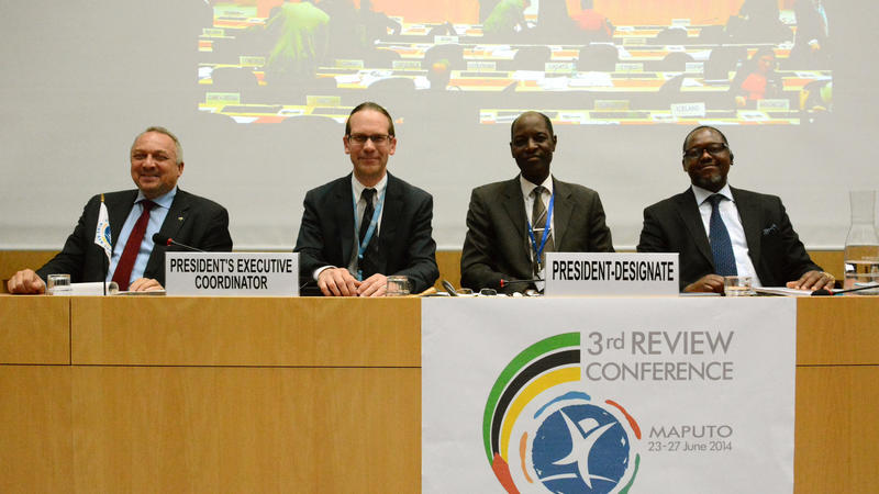 Mozambique’s Deputy Minister of Foreign Affairs Henrique Banze (second from the right) is serving as president of the Mine Ban Treaty’s Maputo Review Conference © ICBL, April 2014
